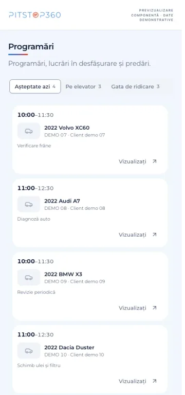 Lista mobilă de lucrări Pitstop360, date demonstrative