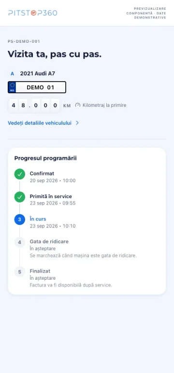 Pitstop360 — Previzualizarea componentelor · date demonstrative