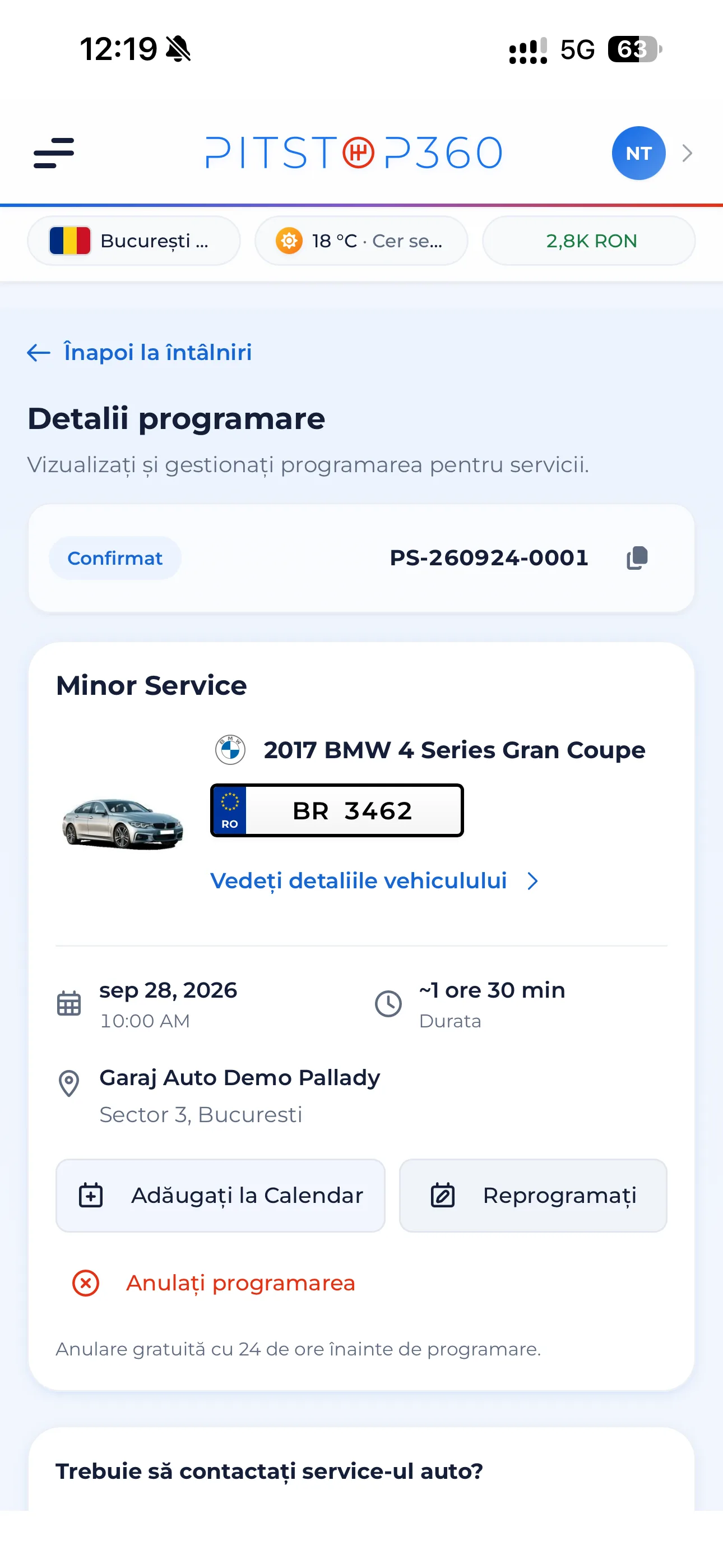Pitstop360 mobile booking details with vehicle, garage, date and appointment controls